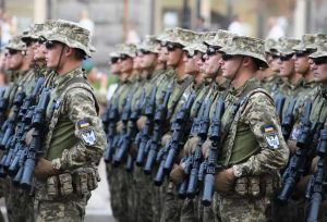 Ukrainian servicemen march during a final rehearsal for the Independence Day military parade in central Kyiv, Ukraine August 22, 2021.