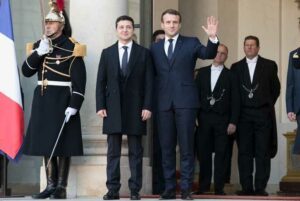 Dec. 9 2019: French President Emmanuel Macron welcoming President of Ukraine Volodymyr Zelensky at the Elysée Palace for the Normandy format who aim to resolve the war in Dombass.
