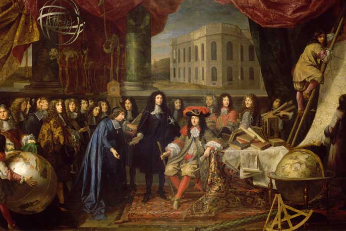 Colbert présente à Louis XIV les membres de l'Académie royale des sciences en 1667.
