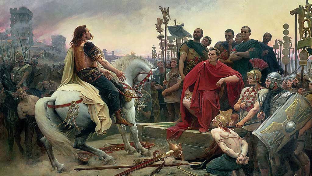 Vercingétorix jette ses armes aux pieds de César. Tableau de Lionel Royer (1899)