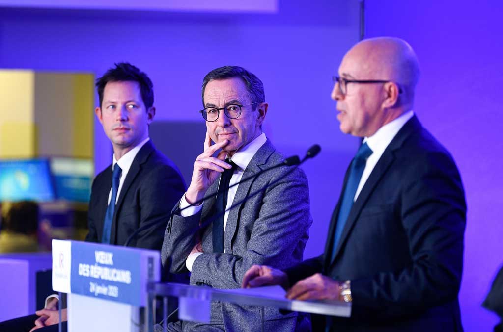 Bruno Retailleau et Eric Ciotti lors de la présentation à Paris, le 24 janvier 2023, de la nouvelle équipe de direction du parti de droite Les Républicains (LR).